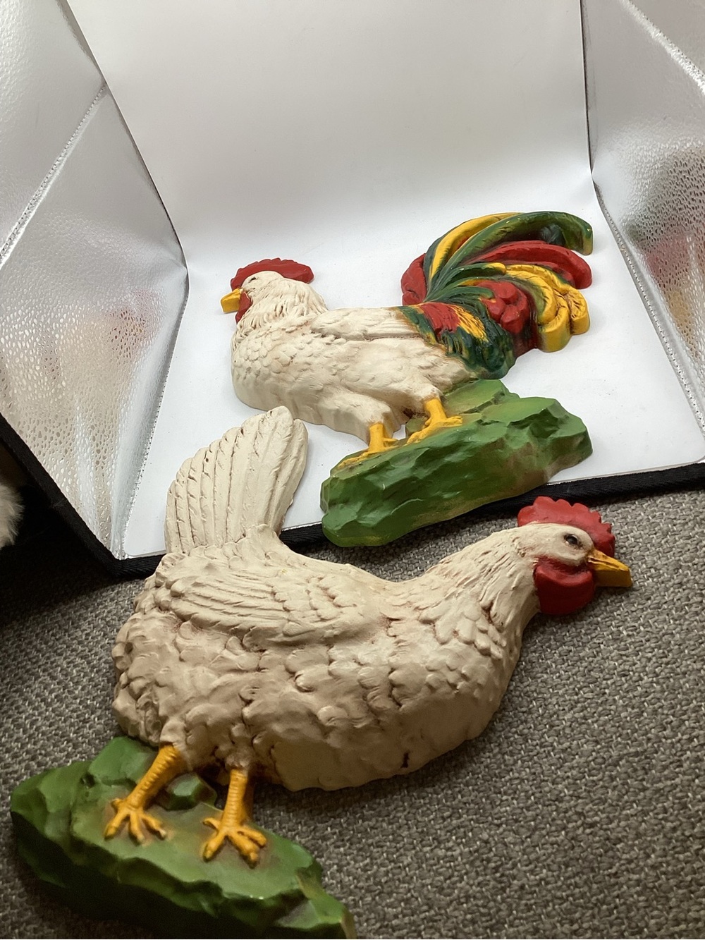 vintage 1970s Homco rooster and hen wall plaques resin